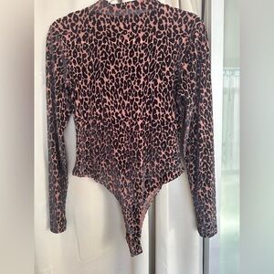 Velvet and Mesh Leopard Print Long Sleeve Bodysuit NWOT! L